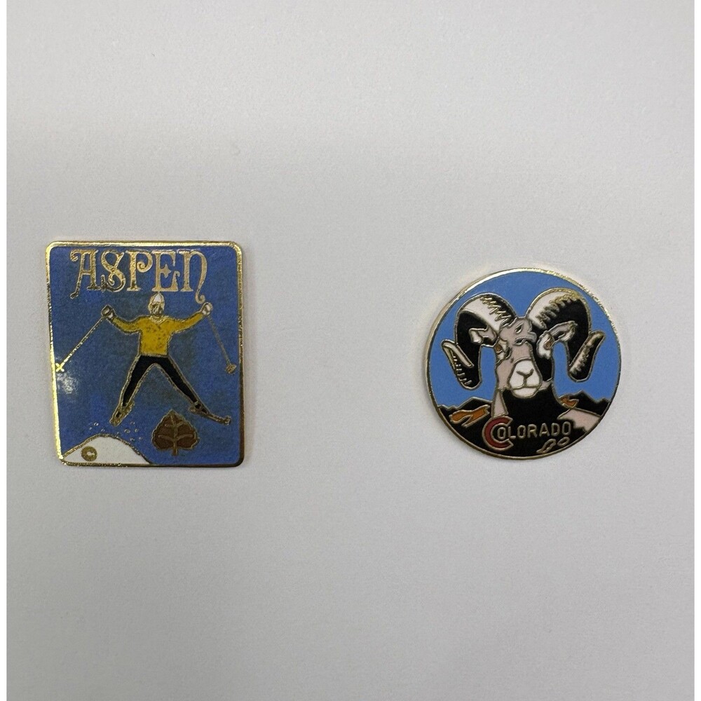 Set of 2 Vintage Aspen Colorado Souvenir Pins Skiing Skier Ram Travel Lapel